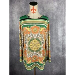 Maggie Sweet Women's Size M Long Sleeve Stretch Tunic Blouse Floral Green Orange